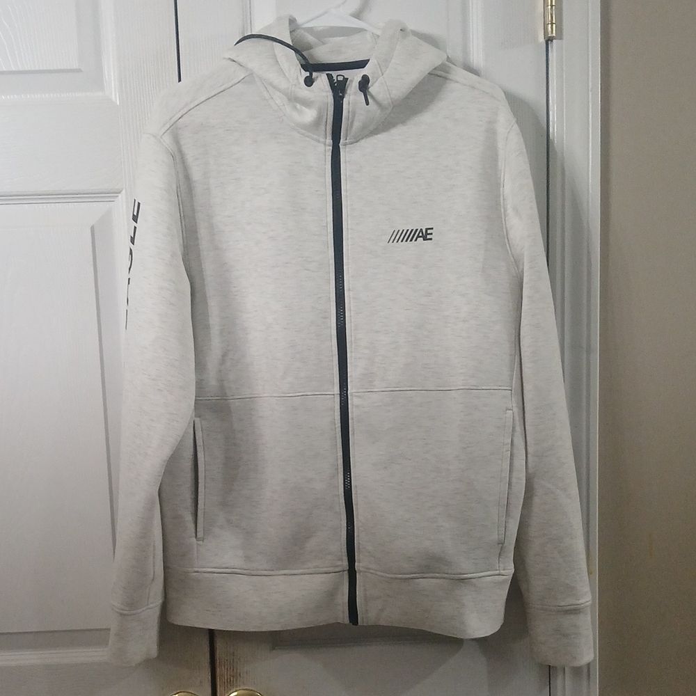 American Eagle light gray black super soft zipper front hoodie  Sz M EUC